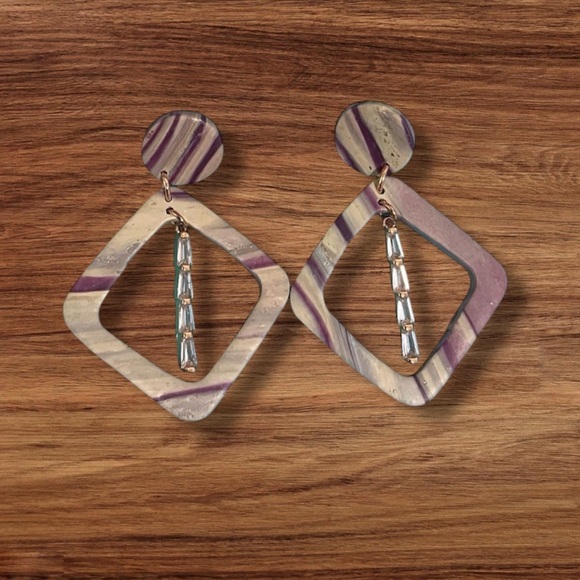Striped Neutral Dangling CZ Earrings - Picture 1 of 4